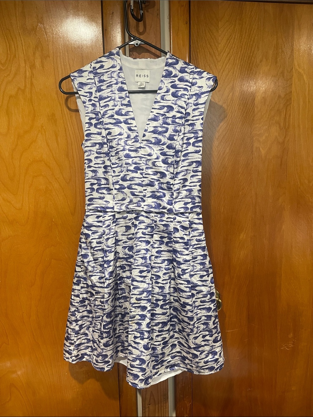 Reiss White and Blue V-Neck Fit-and-Flare Mini Dress
